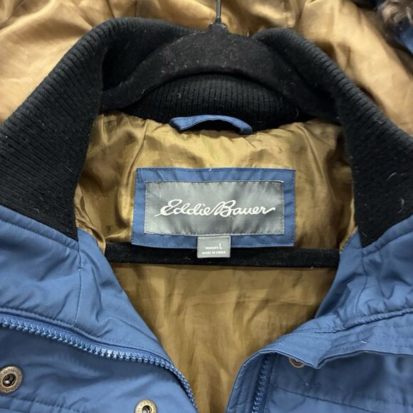 Eddie Bauer EB550 Down Puffer Parka Women's L Faux Fur Hooded Coat Blue Pockets - Picture 3 of 7